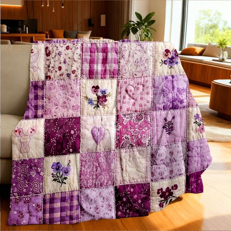 1 Stück Lila Vintage Patchwork Floral Kariert Taube Herz Muster Flanell Decke, Einseitiger Druck, für Sofa Schlafzimmer Büro Reisen, Gemütliche Wohnkultur