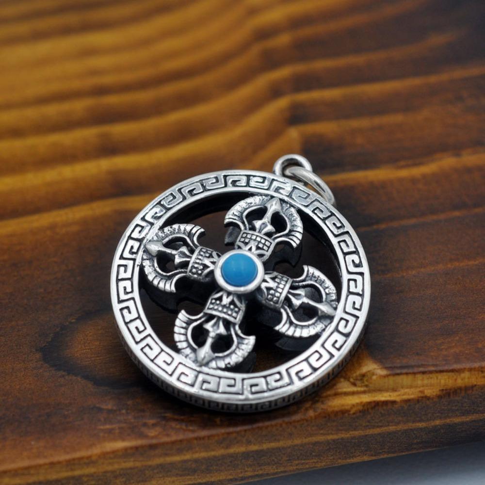 JMXD-Retro and Old Men's Necklace, Round Cross Vajra Pestle Pendant, Silver-plated No-gap Bead Design