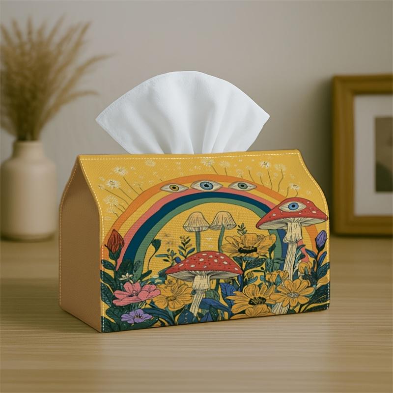 1pc Playful Folk Fantasy Tissue Box Holder - Mushroom Rainbow Floral, Ideal for Living Room, Dining Room, Bedroom, Bathroom, Bar, Or Office Decoration