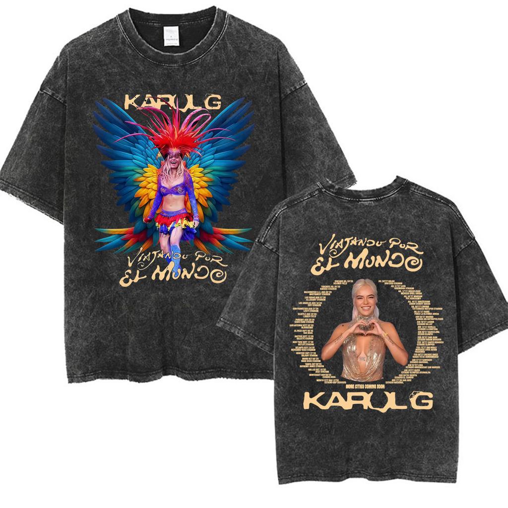 Karol G Tropicoqueta Tour New Album Vintage Washed T Shirts Men Women Fashion Aesthetic Tshirt Casual Cotton Loose T Shirt