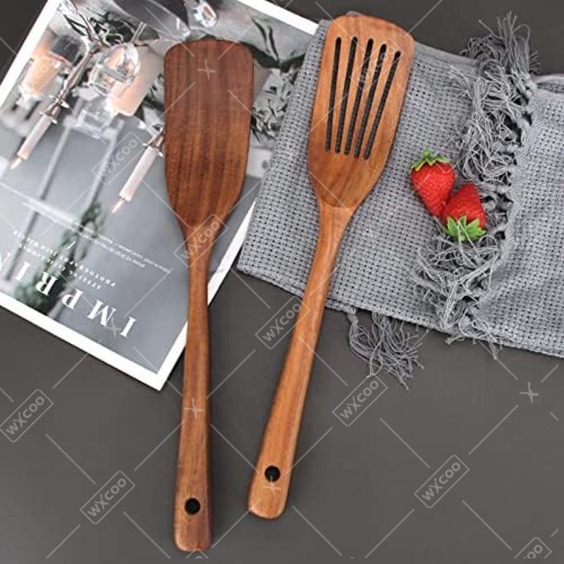2PCS Wooden Spatula for Cooking Slotted Turner Spatula Long Handle Kitchen Utensils Set Wood Frying Spatula Cooking Baking Tools