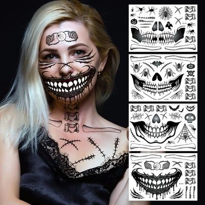 Pegatinas de Tatuaje de Calavera Divertida de Halloween, Mascarada Cicatriz Horror Pegatinas Impermeables para la Cara
