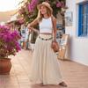 Women Elastic Waist Long Skirt Cotton Linen Blend Bohemian Style Maxi Skirt with Vintage Waist Chain for Casual Holiday Beachwear