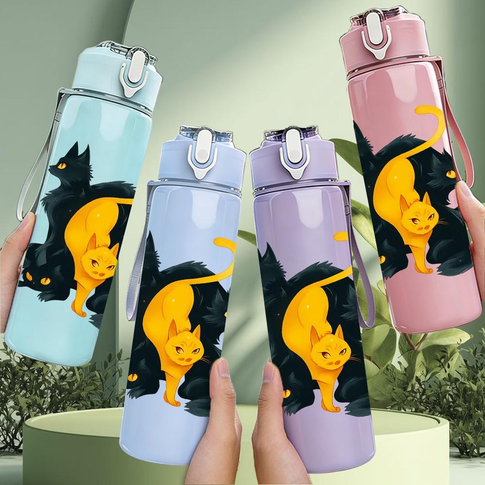 1PC Dual Black Yellow Cats Art 750ml Color Plastic Sports Water Bottle Leakproof Flip Straw Lid Suitable for Sports Office Home Use