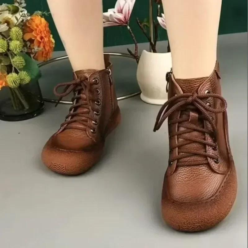 New Cow Leather Ankle Boots Women's Laced Up Waterproof Shoes Ladies Wide Fit Short Boots Woman Oxfors Shoes Brown Booties