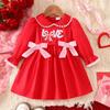 Spring 2026 Toddler Girls' Red Love Embroidery Dress with Long Sleeves and Doll Collar