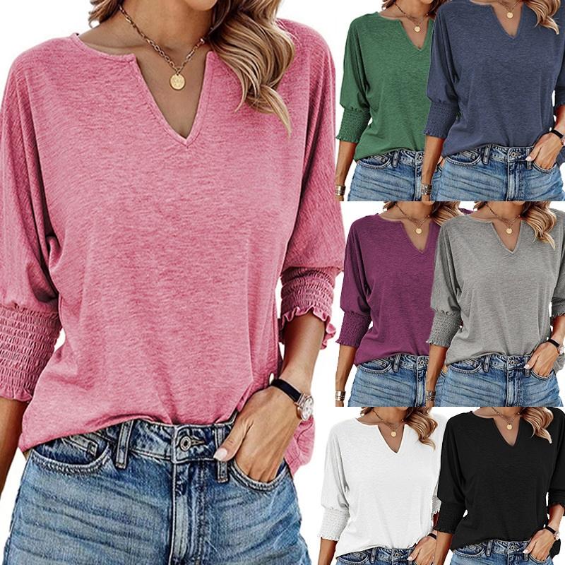 Women V Neck 3/4 Sleeve T Shirt Loose Solid Color Casual Basic Tee Autumn Winter Daily Layering Base Top