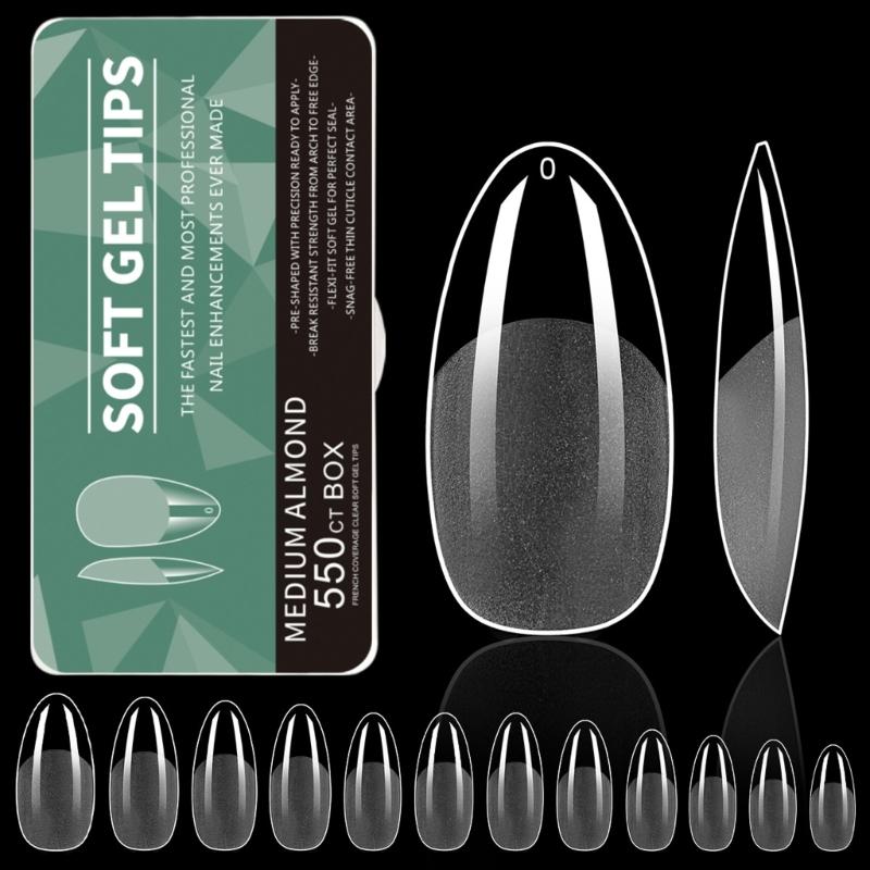 Średnie Kształt Migdała Końcówki Żelowe do Paznokci 550 SZT Wstępnie Wytrawione Przezroczyste Sztuczne Paznokcie Manicure dla Profesjonalistów i Początkujących