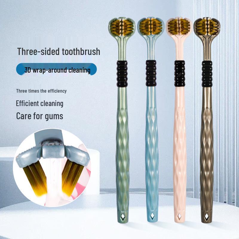 Tri-Head Soft & Hard Bristle Adult Toothbrush with 3D Tongue Scraper