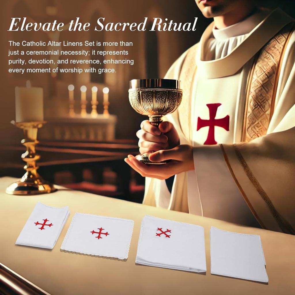 4 Pack Altar Supplies Linen Corporal for Churches Set(Pall,Corporal,Purificator,Towel),White Linen Altar Cloth Red Cross Embroidery,Mass Kit Catholic