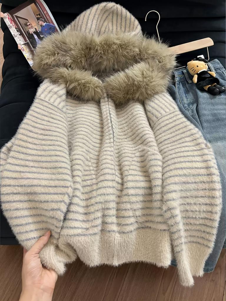 Women's Hooded Plush Casual Striped Sweater For Autumn And Winter