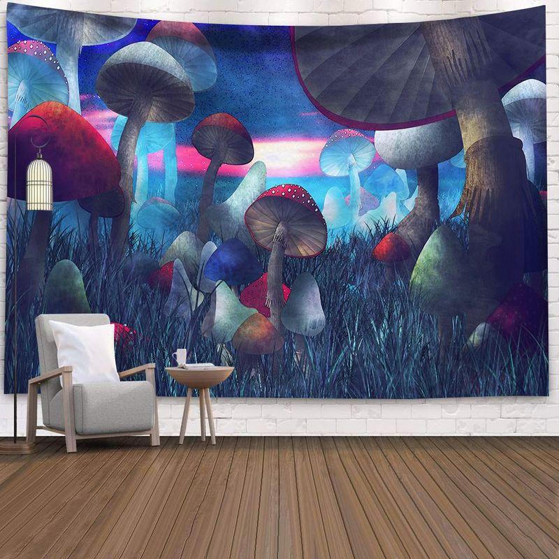 Mushroom Forest Tapestry, Peach Skin Velvet Background Fabric, Polyester Digital Printing Wall Carpet, Room Decoration Hanging Fabric