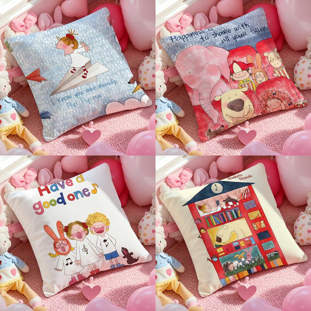 Japanese Cartoon Illustrations Cushion Cover Anti-dustmite Pillowcase Invisible Zipper Silky Short Plush Sofa Cushion Cover
