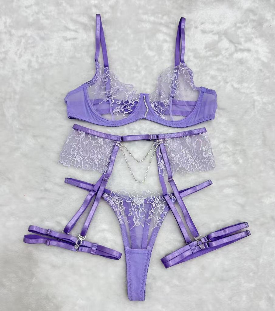 "Weißes Ketten-Blumenstickerei Sexy Dessous BH-Set"