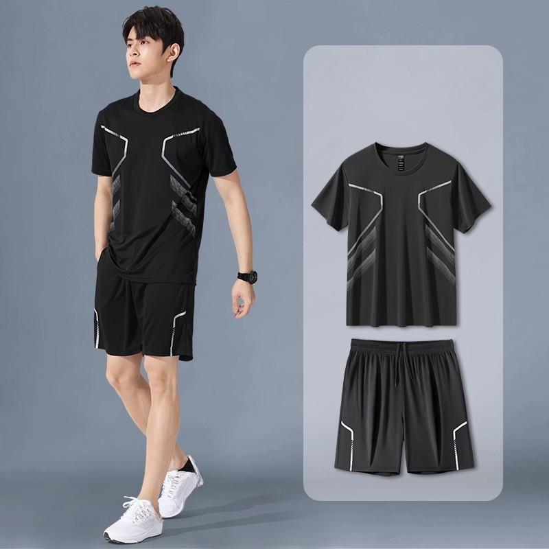 Summer Sportswear Men Gradient Printed Badminton Set Outdoor Running T-shirt and Shorts Comfortable and Breathable Clothing