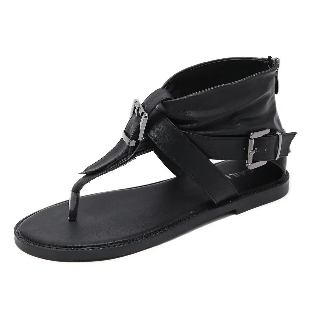 Sexy Show Sandals for Girls Women Summer Shoes Belt Buckle Zipper PU 1CM Flat with Fashion Office Work Summer Women Shoes Black