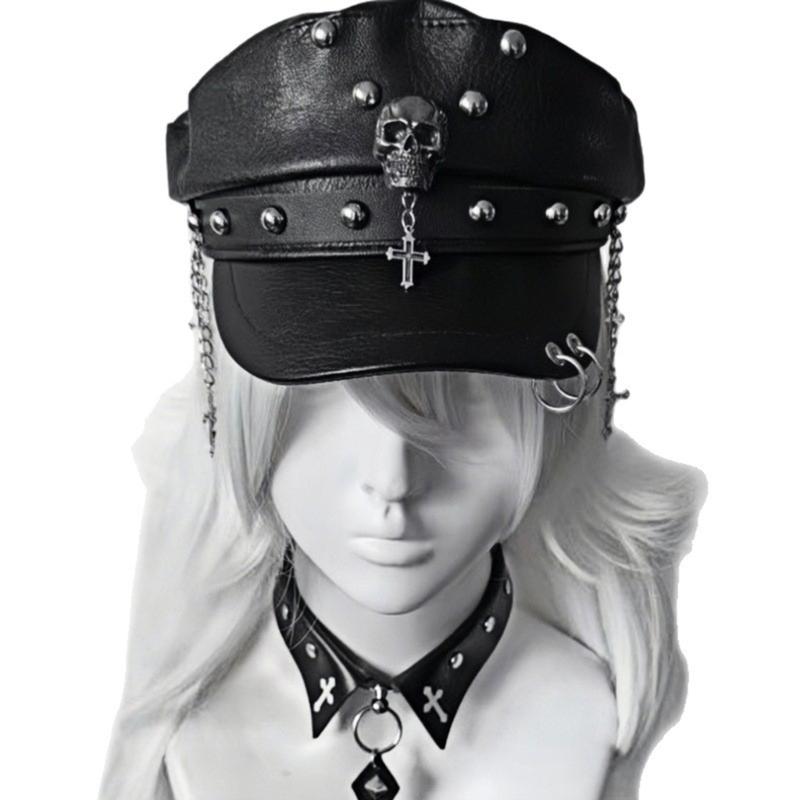 2000s Punk Rivet Studded Cricket Cap With Skull Crossed Decor Beret Hat For Women Western Theme Party Casual Outfit Accessory