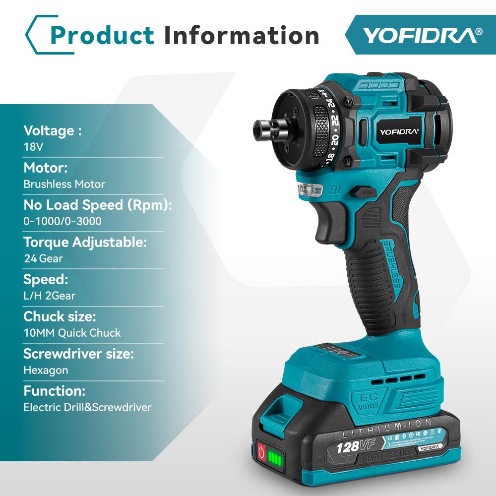 Yofidra 2'si 1 Arada Fırçasız Elektrikli Vidalama Makinesi Çekiç Akülü Matkap Darbeli Çok Fonksiyonlu Elektrikli Alet 21V 18V Pil İçin