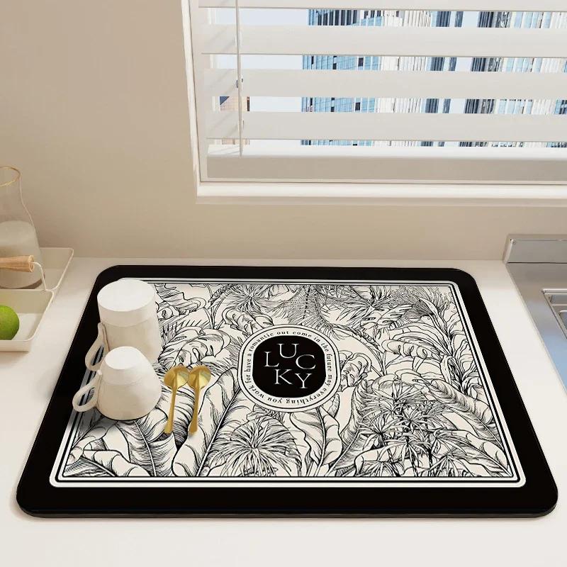 Kitchen Drain Mat Absorbent Coffee Drying Pad  Retro Tableware Placemat Printed Cup Dish Drying Drainer Mats Dinnerware Placemat