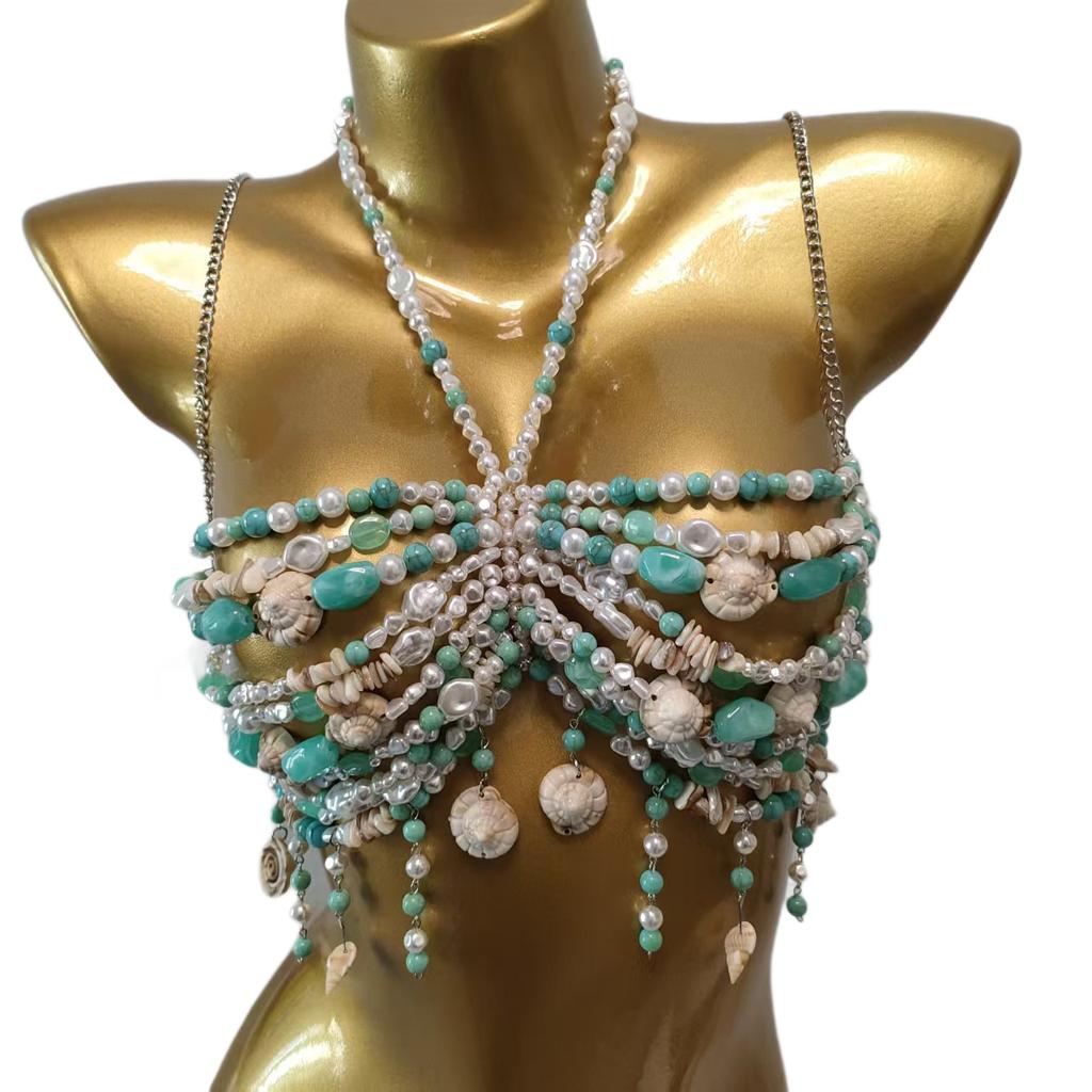 Handmade Turquoise Pearl Beaded Halter Top Body Chain Festival Outfit Bra 2026 Vacation Jewelry Conch Mermaid Core Bralette