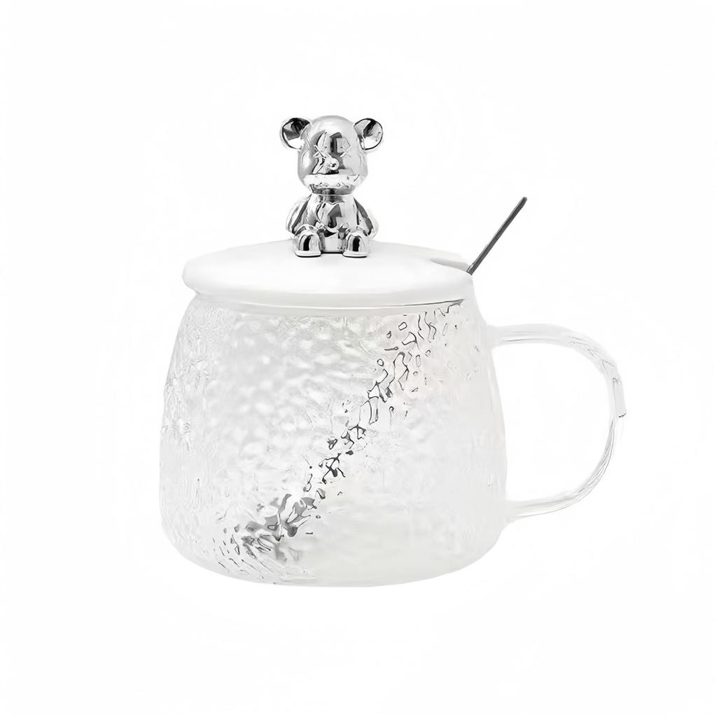 Internet Celebrity Bear Mug: Hammer Pattern Glass with Lid & Spoon, Ideal for Home, Office, or as a Souvenir Coffee Cup.