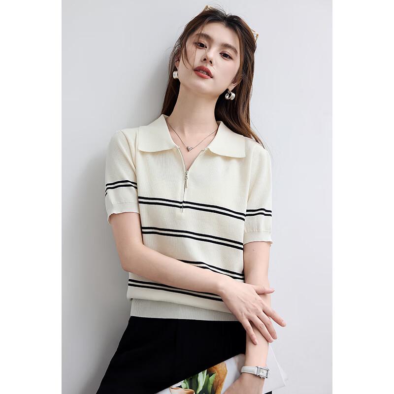 VICTORIA&VERA Women's Striped Zipper Polo Knit Top