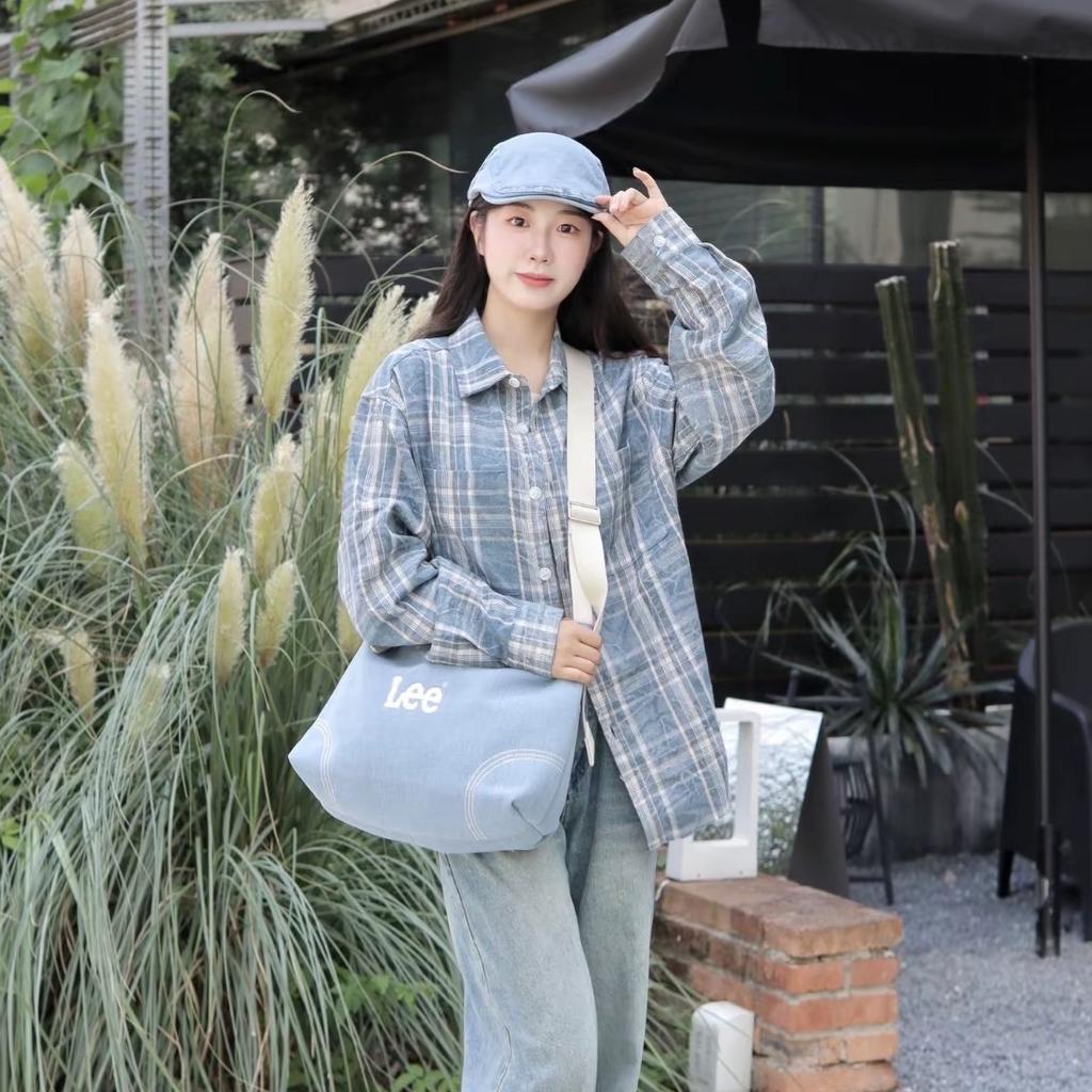 New Lee Fabric+Artificial Leather Crossbody Bags Large Women's Light Denim Blue LE240072M-521