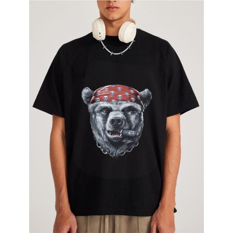 Bear Head Bandana T Shirt White Bear with Red Skull Bandana and Cigar Graphic Streetwear Casual Wear