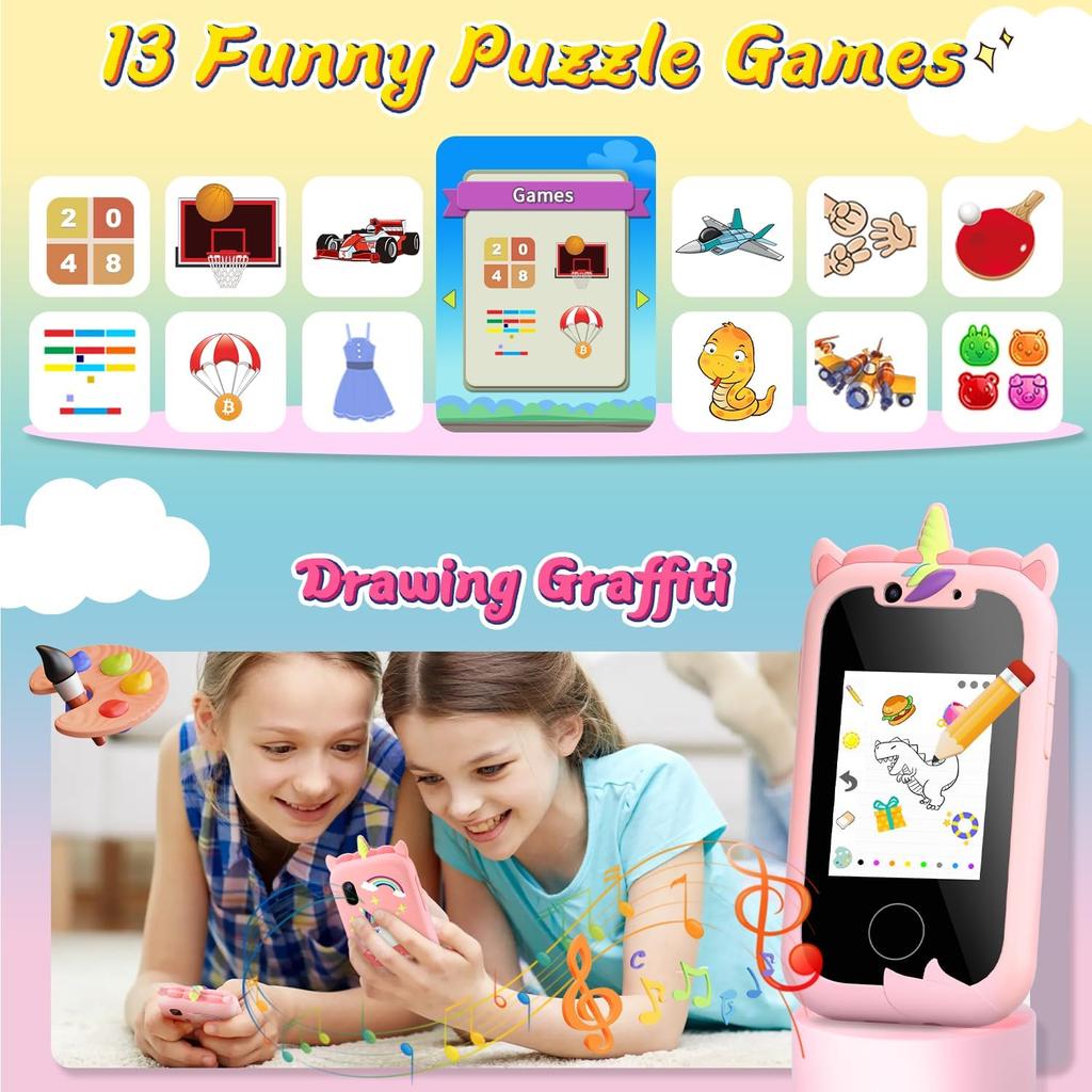 Telefon pentru copii Jucării educaționale Jucărie muzicală Unicorn Cameră selfie mobilă pentru bebeluși Cu capac din silicon Jucării pentru bebeluși Cadouri de aniversare