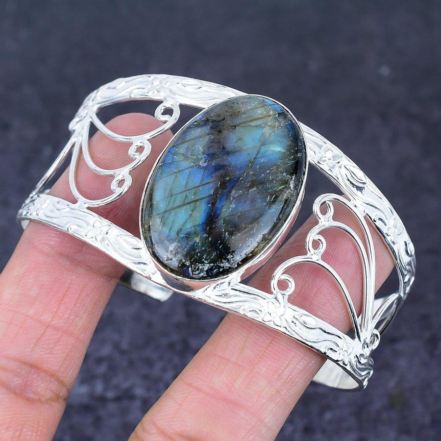 Natural Labradorite Gemstone 925 Sterling Silver Cuff Bangle Adjustable D2i01