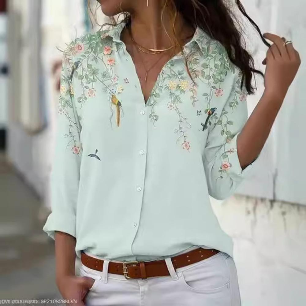 

Женская блузка с мелким цветочным принтом, летний топ с длинным рукавом, повседневная рубашка с темпераментом, уменьшающая возраст 3XL