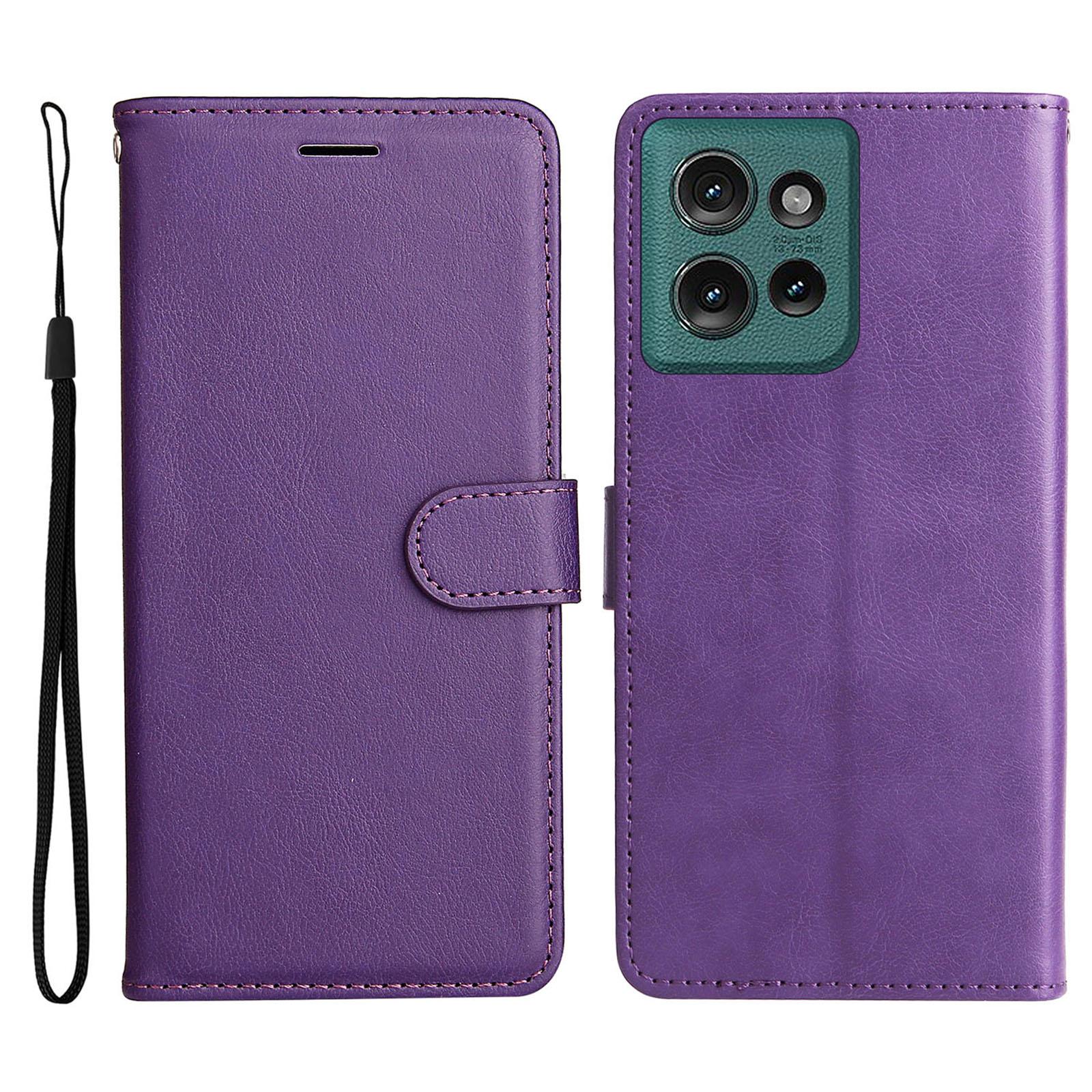 

For Motorola Edge 50 5G Case Solid Color Leather Mobile Cover Wallet Stand with Strap Purple