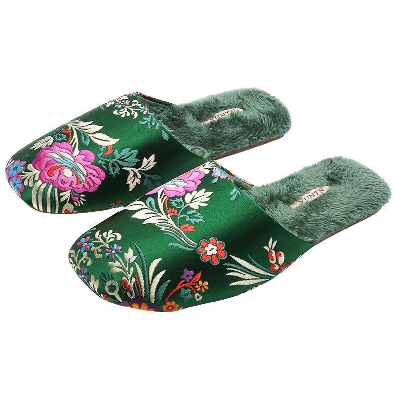 Elegant Winter Indoor Slippers: Embroidered Satin Cotton, Non-Slip Thick Sole, Plus Velvet Warmth for Men & Women
