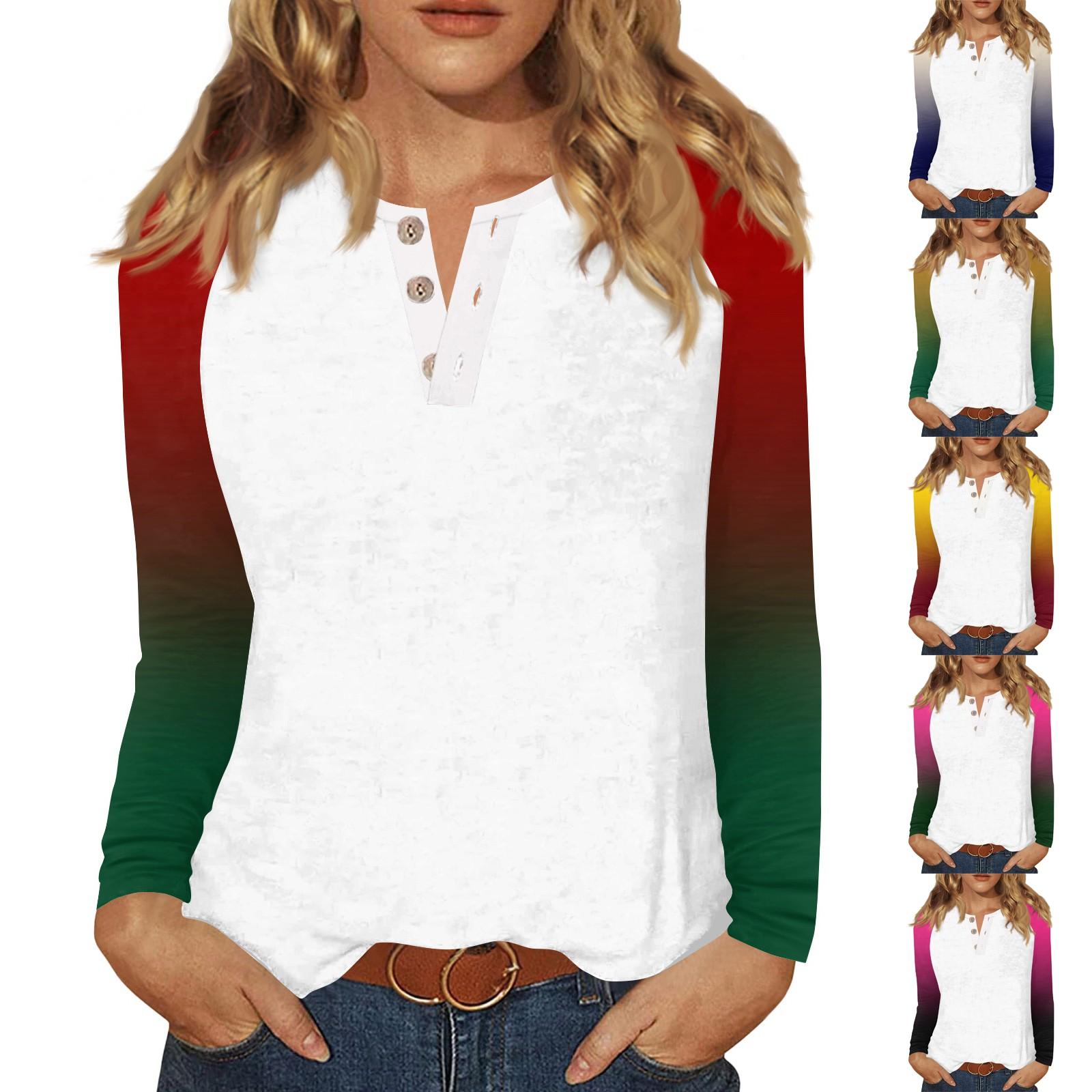 

Женская футболка с принтом, на пуговицах, с длинным рукавом, повседневная, для выходных, модная, базовая, с V-образным вырезом, обычный топ L