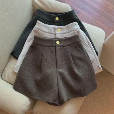 Women's High Waist Woolen A-Line Shorts - Loose Fit, Thickened Wide-Leg Design for Autumn & Winter Casual Wear.