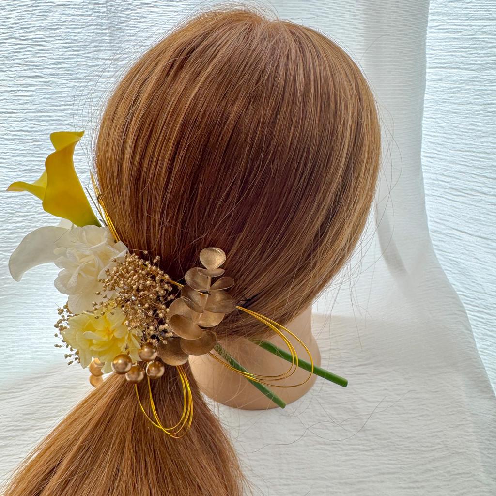 Yellow Calla Lily, White, Coming-of-Age Ceremony, Hair Ornament, Dried Flowers, Mizuhiki (decorative cord), Gold Leaf, Japanese Traditional Clothing,