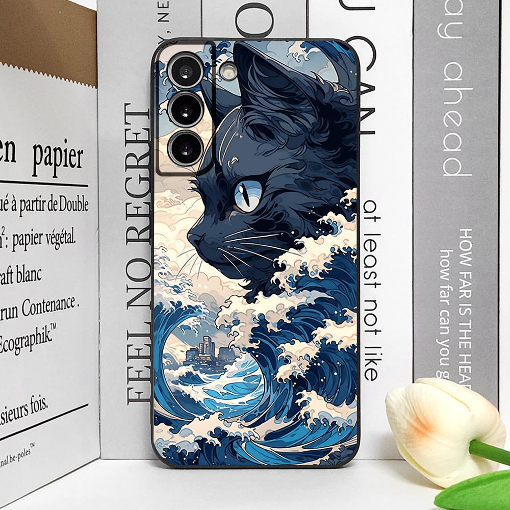 Japan The Great Wave of Kanagawa Cat Phone Case for Samsung Galaxy S22 Plus S20 S21 FE S23 S24 S25 Ultra Soft Covers Art Fundas