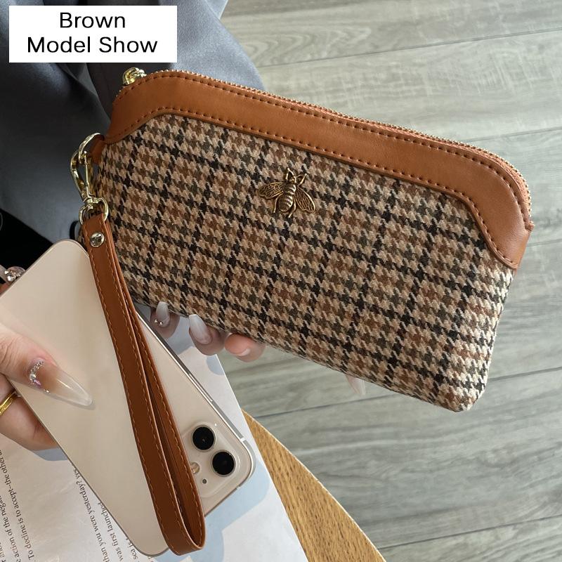 Nowa Kopertówka z Haftem w Pepitkę Skóra Naturalna Damskie Kopertówki Projekt Marki Pszczoła Skóra Krowia Długi Portfel Damska Torebka na Telefon