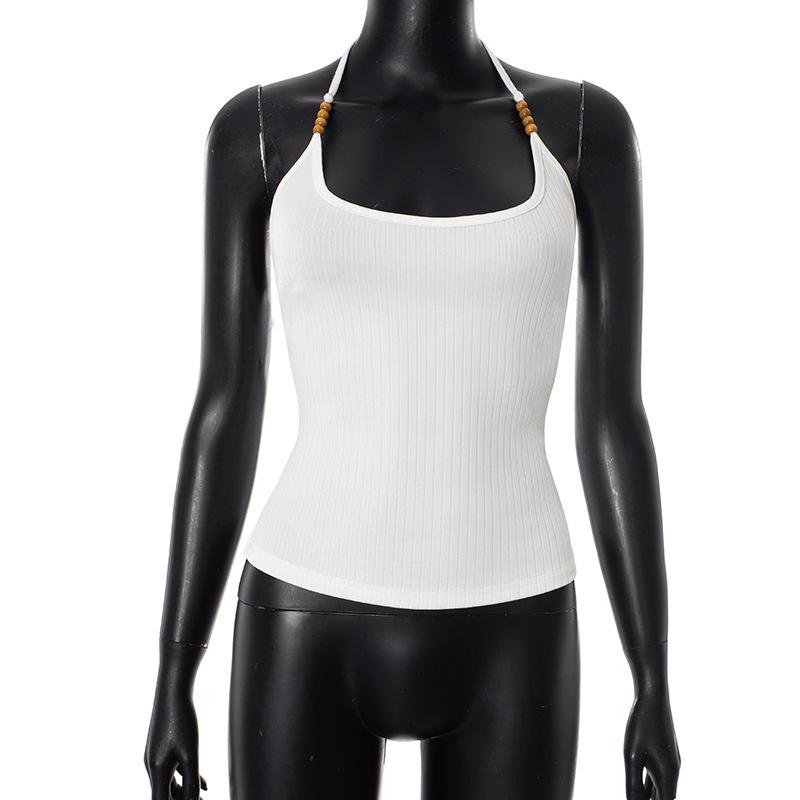 Beaded Halter Strap Solid Color Camisole for Women - Sexy Summer/Autumn Style Medium белый