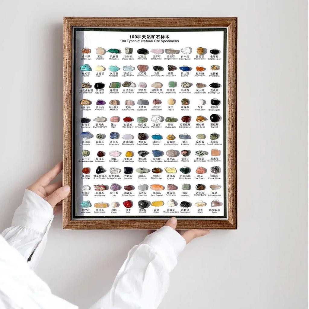 100 Kinds of Natural Ore Specimen Ornaments, with Glass Dust Cover, Decorative Paintings, Crystal Gems, Birthday Gifts