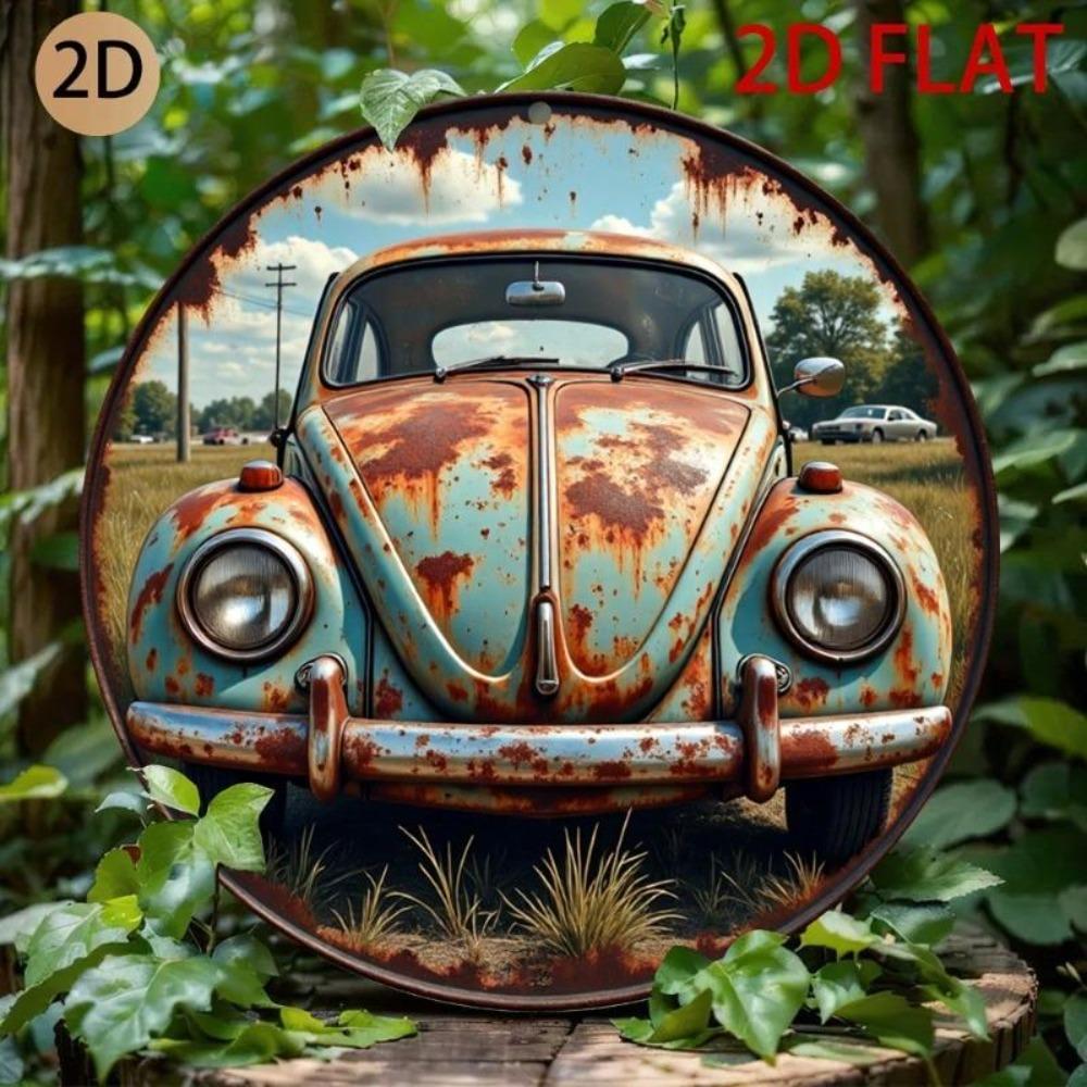 Vintage Car Rusty Metal Tin Sign 2D Round Retro Garage Cafe Wall Decor