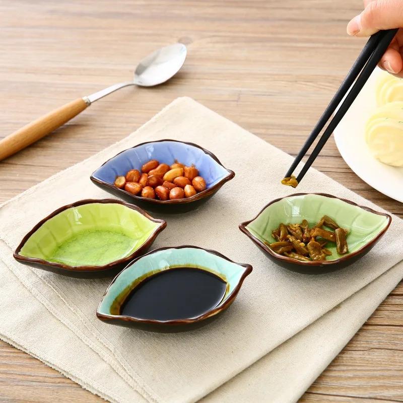 Kitchen Bowl Kitchen Tool Dish Creative Ice Crack Glaze Leaf Ceramic Seasoning Soy Sauce Vinegar Small Plates 10*7.5*3cm