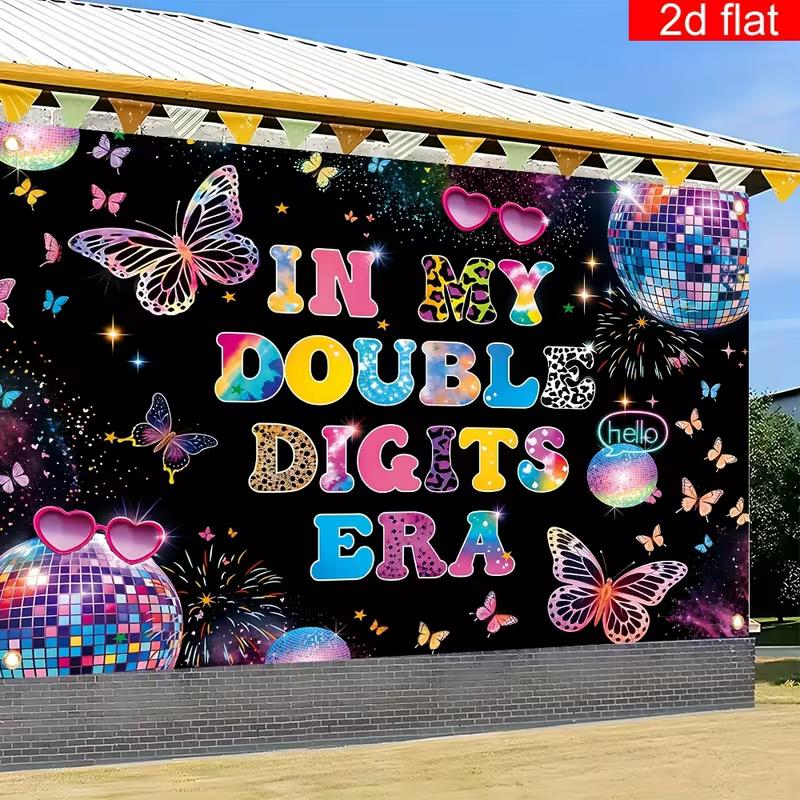2D Disco Butterfly Happy 10th Birthday Backdrop, In My Double Digits Era Banner