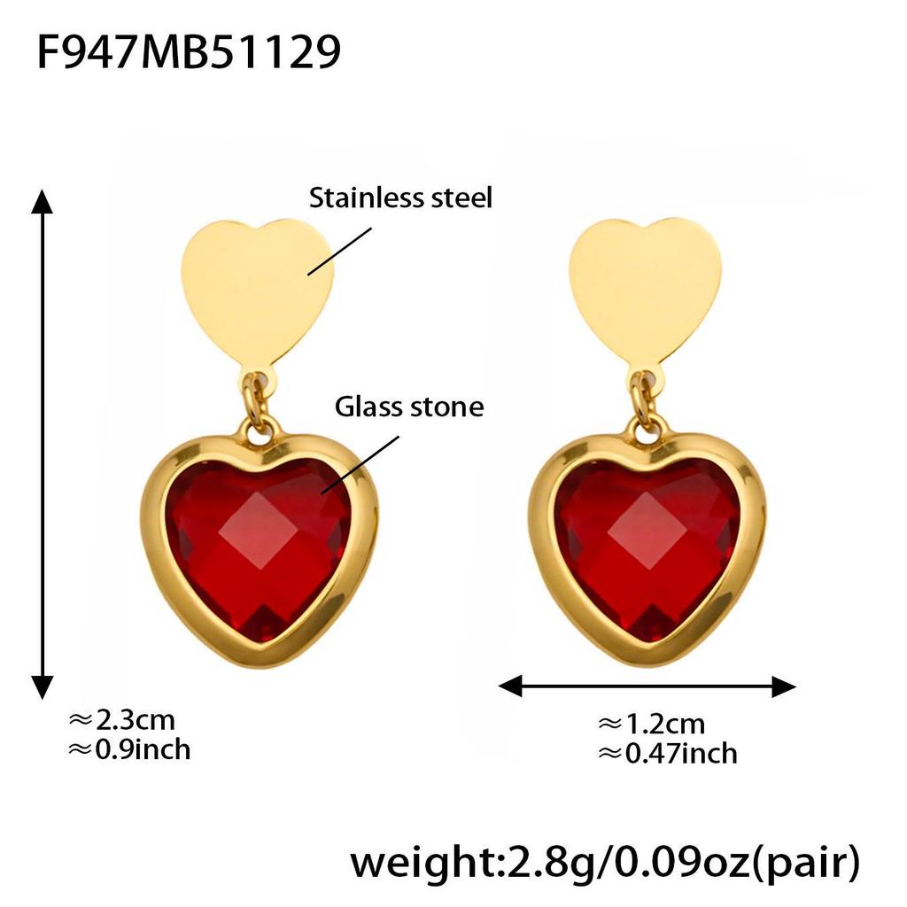 Colorful Heart Glass Stone Tassel Earrings & 18K Gold Plated Stainless Steel Necklace