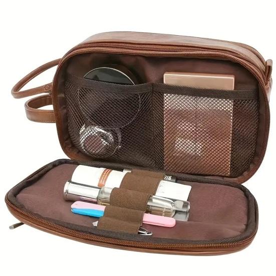 Faux Leather Toiletry Bag Large Water-resistant Bathroom Shaving Pouch Travel Grooming Organizer for Men