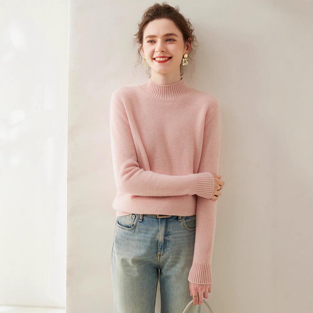 Damen Kaschmir Einfarbig Halbhoher Kragen Pullover - Schlankmachend, Lockere Passform, Gestrickter Langarm für Herbst/Winter.