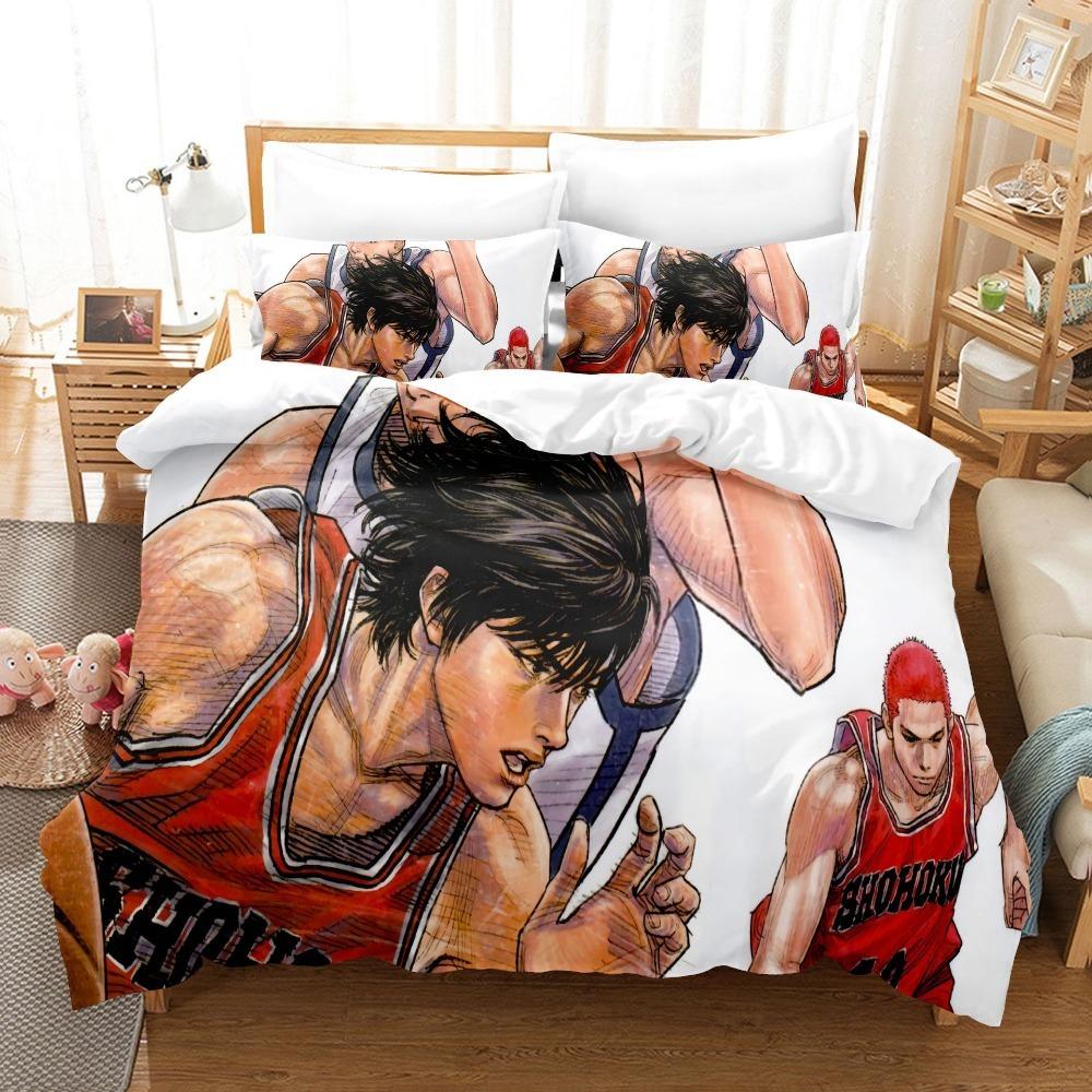 Anime Basketball Theme Microfibre Bedding Sets, Children's Bed Linen with Zip Room Decor Duvet Cover for Teenagers Adult 3-Piece