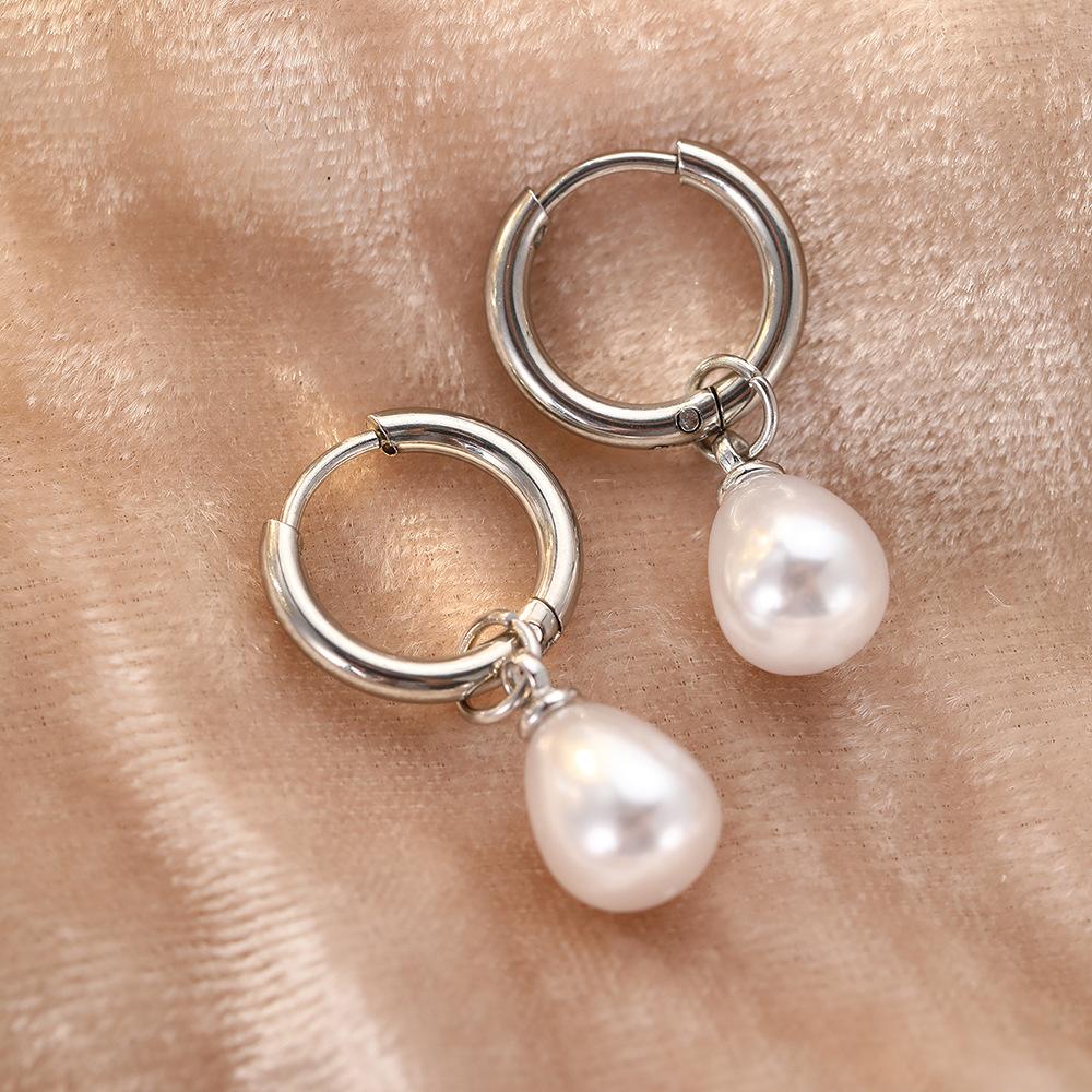 Simple Temperament Teardrop-shaped Imitation Pearl Pendant Stainless Steel Hoop Earrings for Women Daily Commuting Jewelry Gifts