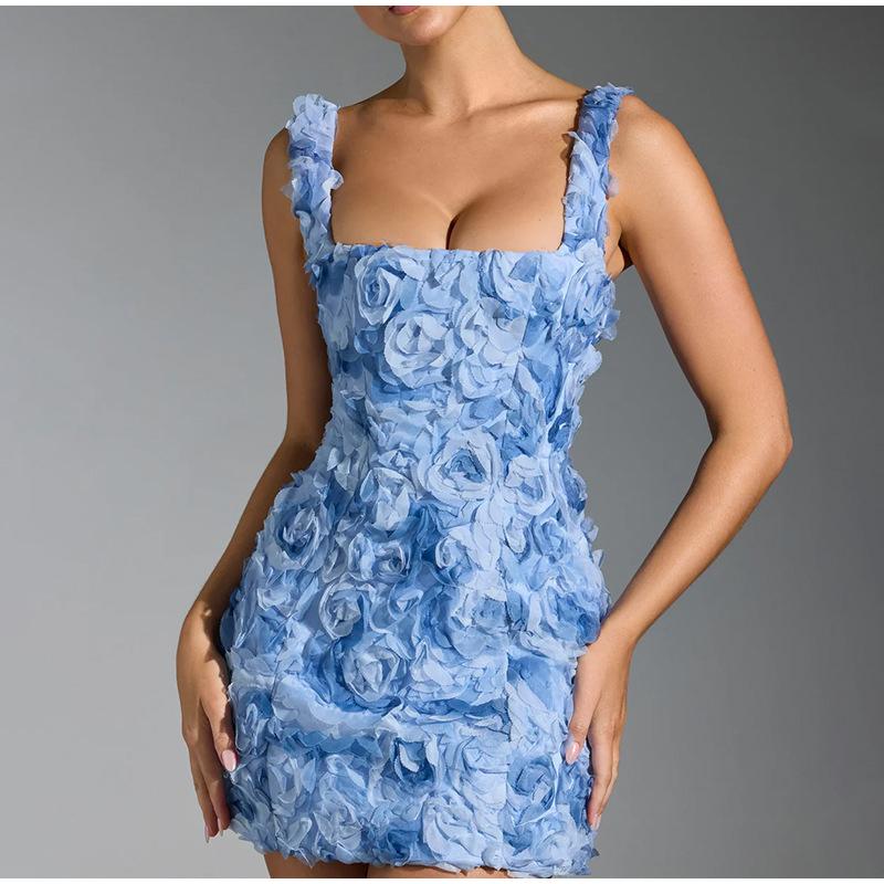 Summer 2026 Sexy Square Collar 3D Flower Slim Fit Sleeveless Strapless Short Dress Fashionable Women s Clothing Mini Dresses S небесно-голубой