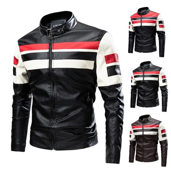 Men Jacket Color Block Long Sleeve Pockets Stand Collar Faux Leather Zipper Coat for Working